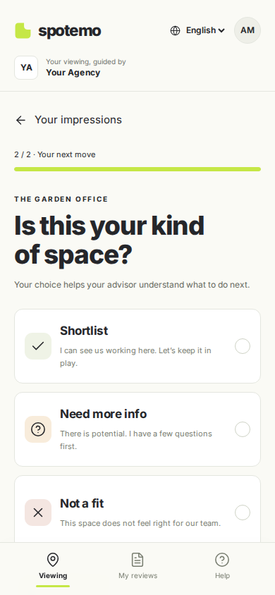 Actual Spotemo client interface: Shortlist, Need more info and Not a fit