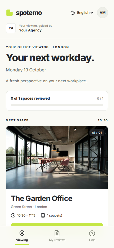 Actual Spotemo client interface: viewing itinerary and next office