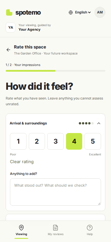 Actual Spotemo client interface: five evaluation categories with numeric ratings from 1 to 5