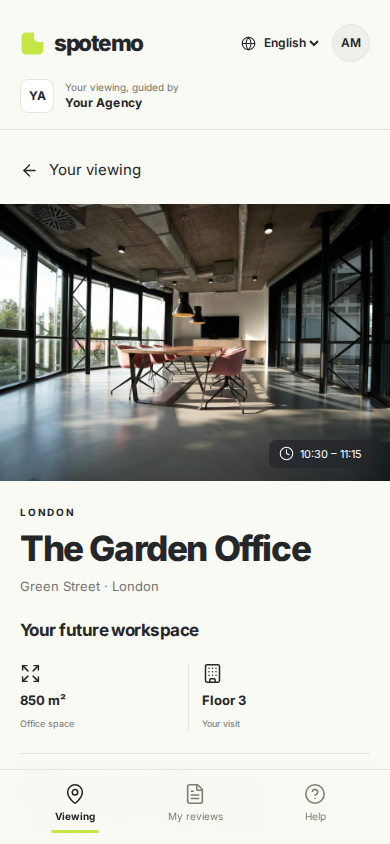 Actual Spotemo client interface: office details, area and floor